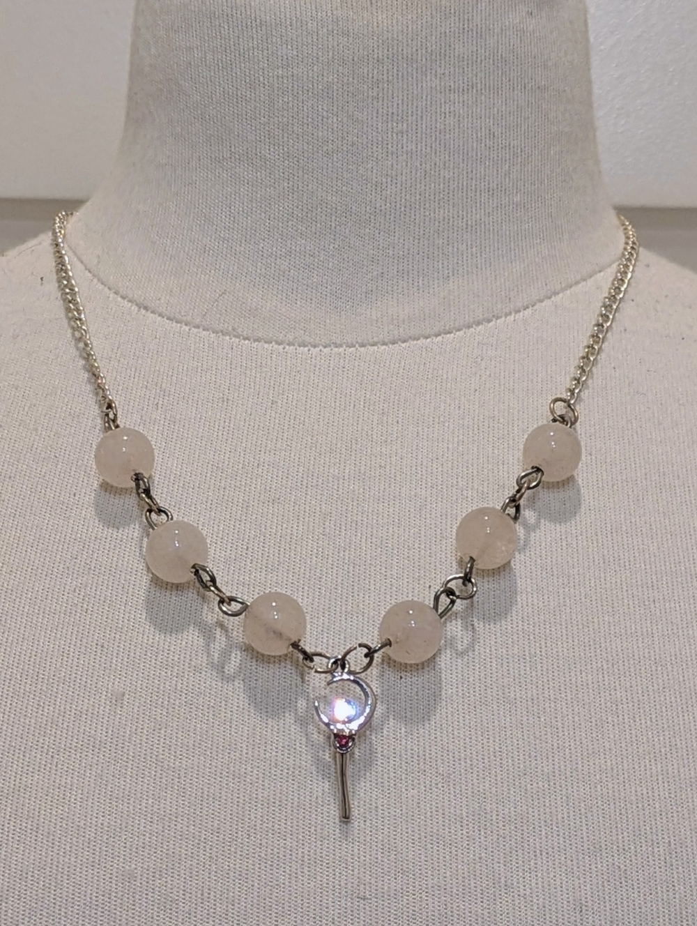 NWOT Handmade Sailor Moon Necklace with Rose Quartz and Moon Stick Pendant
